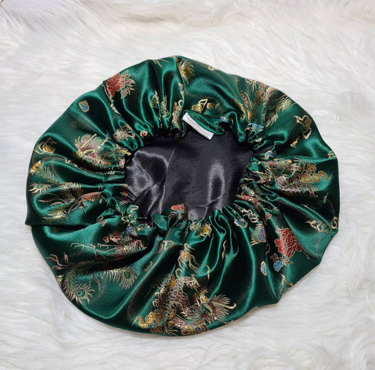 Green Chinese Print Satin Bonnet| Limited Edition