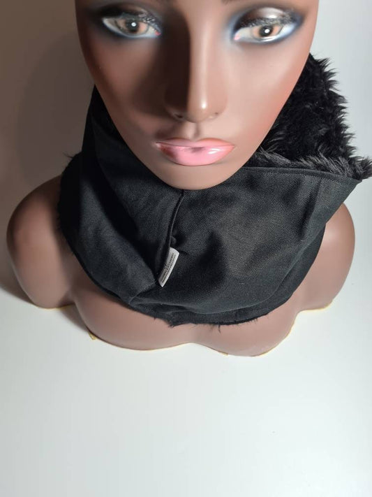 Black Cotton scarf, Gentle Faux Fur Lined, Winter Scatf, Round Neck Scarf, unisex wamer scarf, Warm Fleece Tube Scarf.