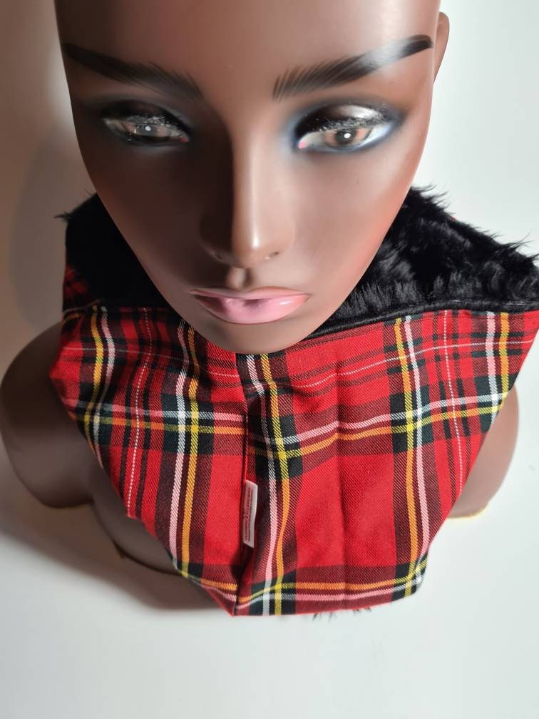 Check Cotton scarf, Gentle Faux Fur Lined, Winter Scarf, Round Neck Scarf, unisex warmer scarf, Warm Fleece Tube Scarf.